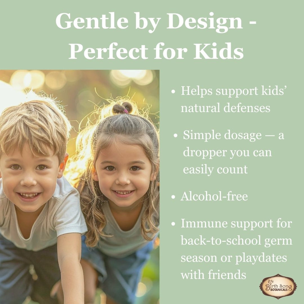 Two children smiling with product information about immune support for kids on a green background