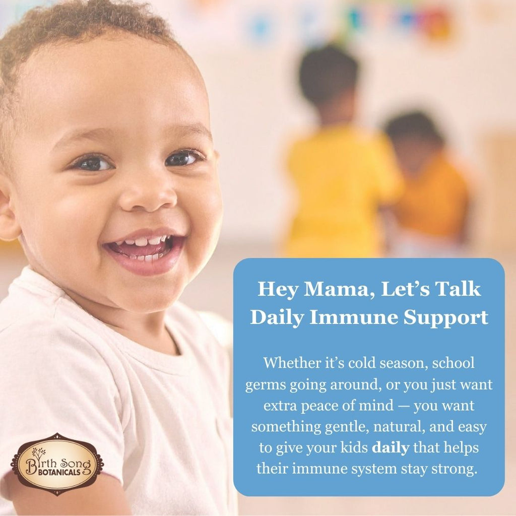 Child smiling with a text overlay about daily immune support, with a blurred background of people.