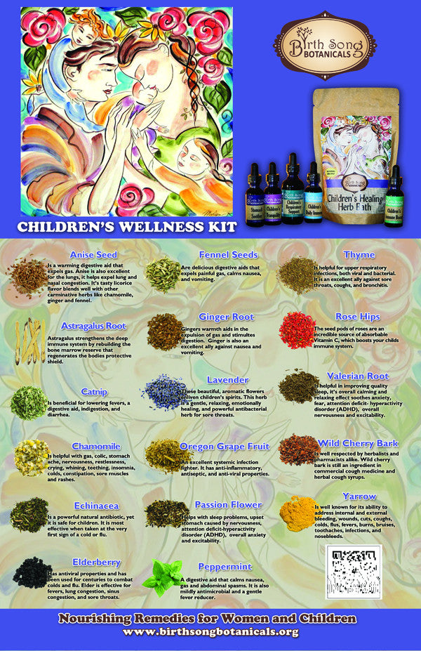 Children's Herbal Poster that shows the herbs used in Birth Song Botanicals Products